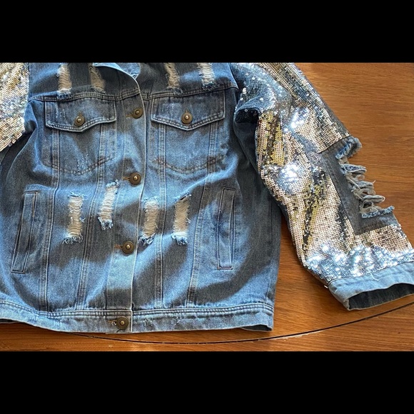 Distressed denim with sequined sleeves jacket - Picture 13 of 15